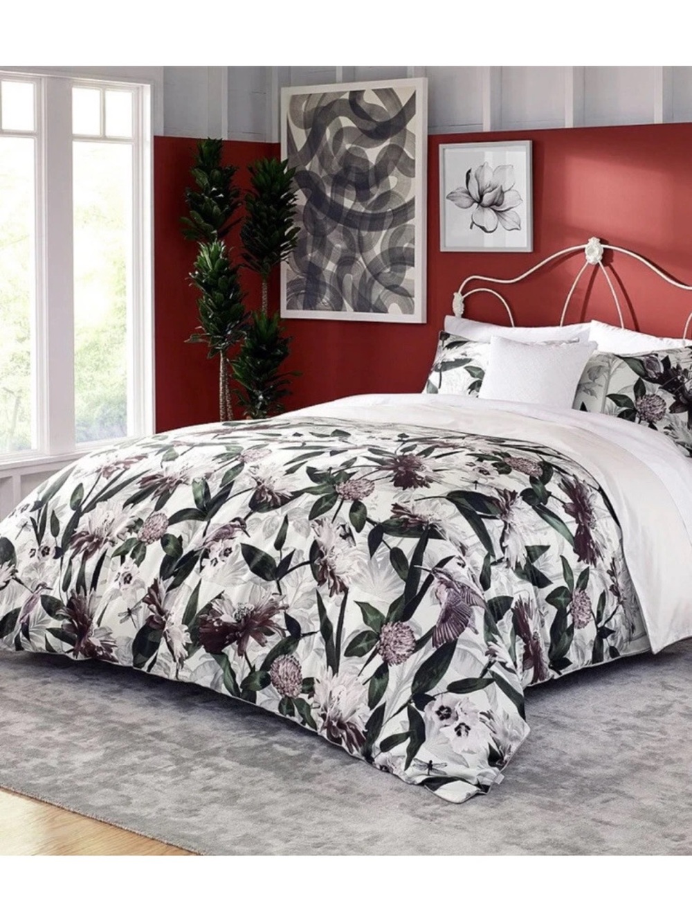 Ted Baker London King Quilt Set 3pc Botanical Bird Floral Sage Mauve 108x96